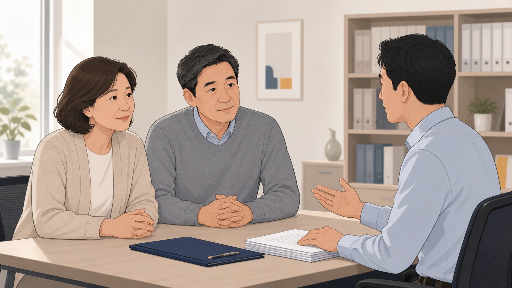 상담실 책상에서 유족 두 명이 서류를 사이에 두고 상담자에게 차분히 설명을 듣는 모습