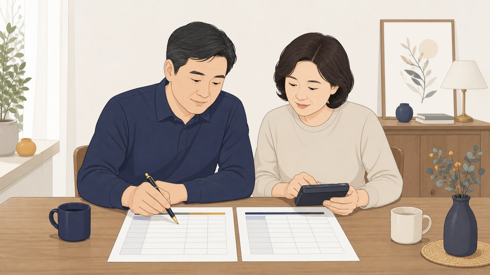 식탁에 장례 견적서 두 장을 나란히 놓고 항목을 짚어 가며 비교하는 중년 남녀