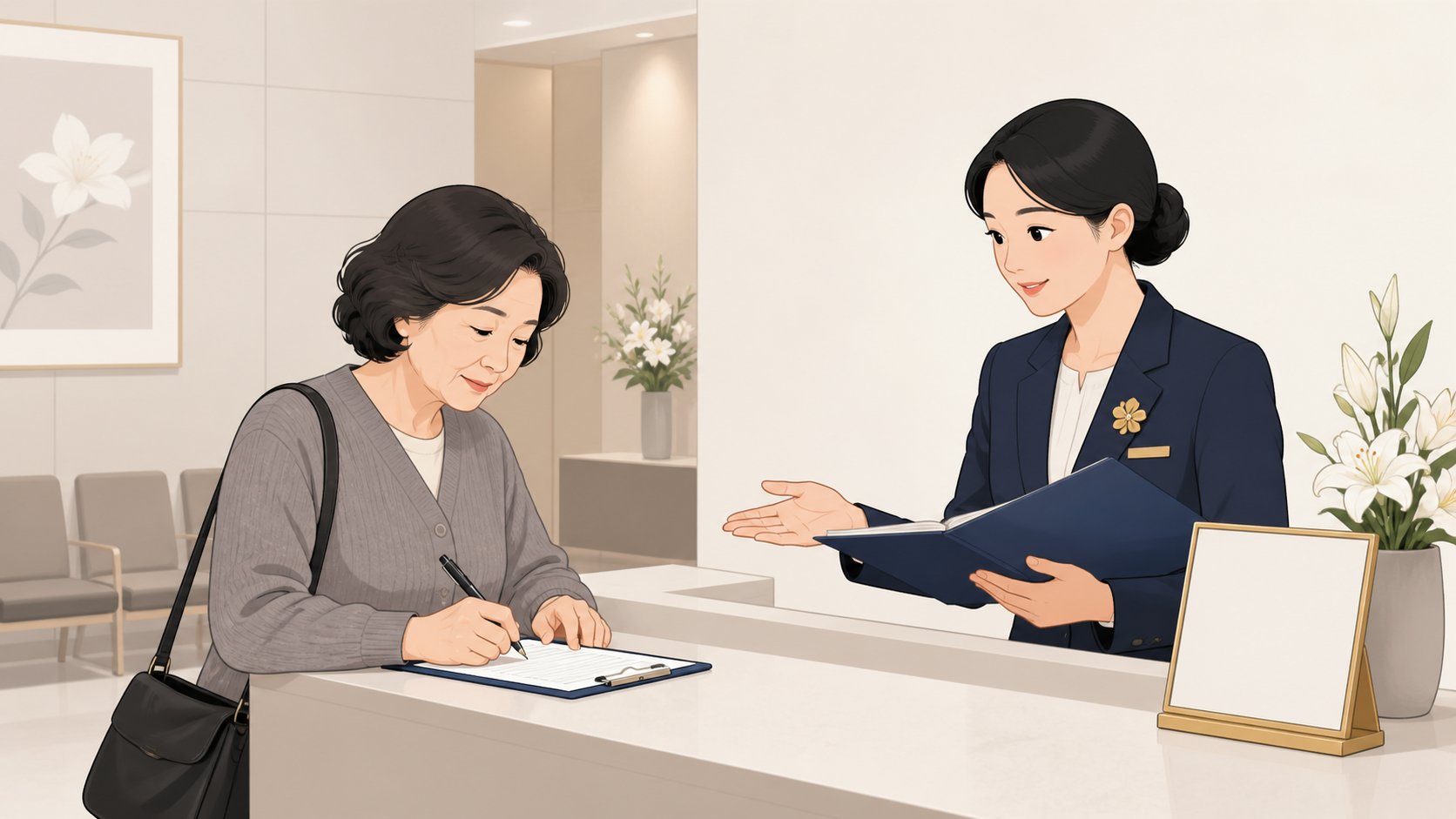 공설 장례식장 사무실 창구에서 감면 대상 여부를 적으며 직원과 상담하는 유족