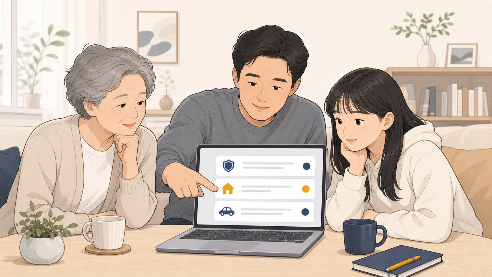 노트북 화면에 여러 장례식장 정보 카드가 나열된 비교 화면을 함께 들여다보는 가족 세 명