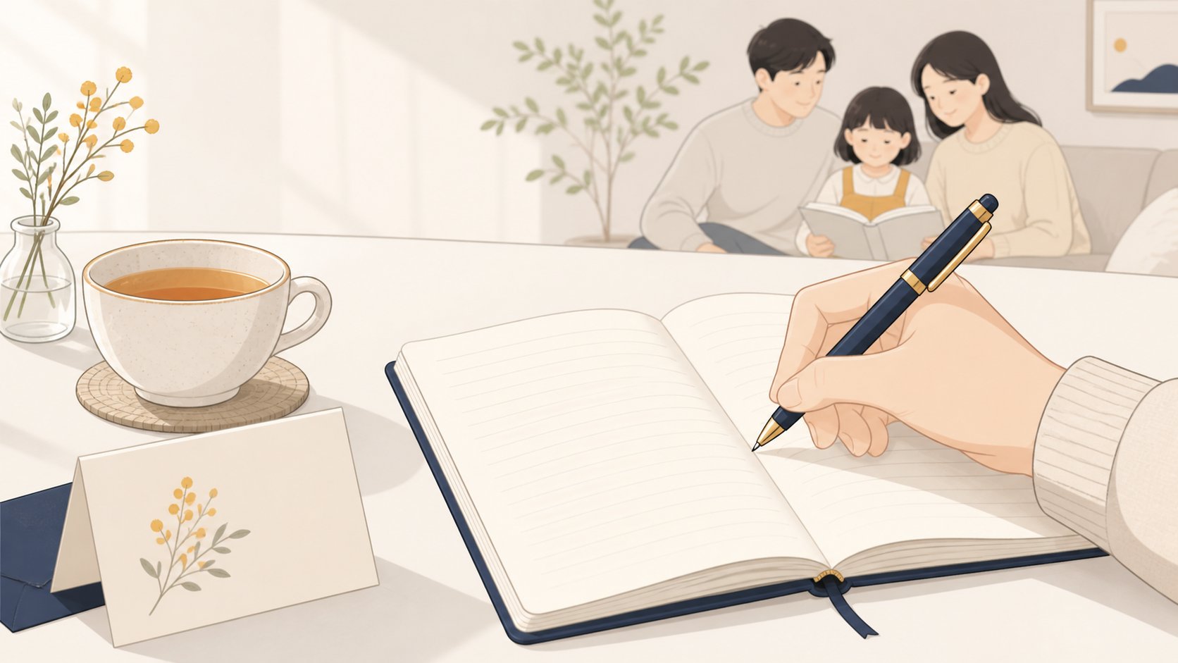 밝은 책상 위 노트에 조의 문구를 옮겨 적는 손과 곁에 놓인 따뜻한 찻잔