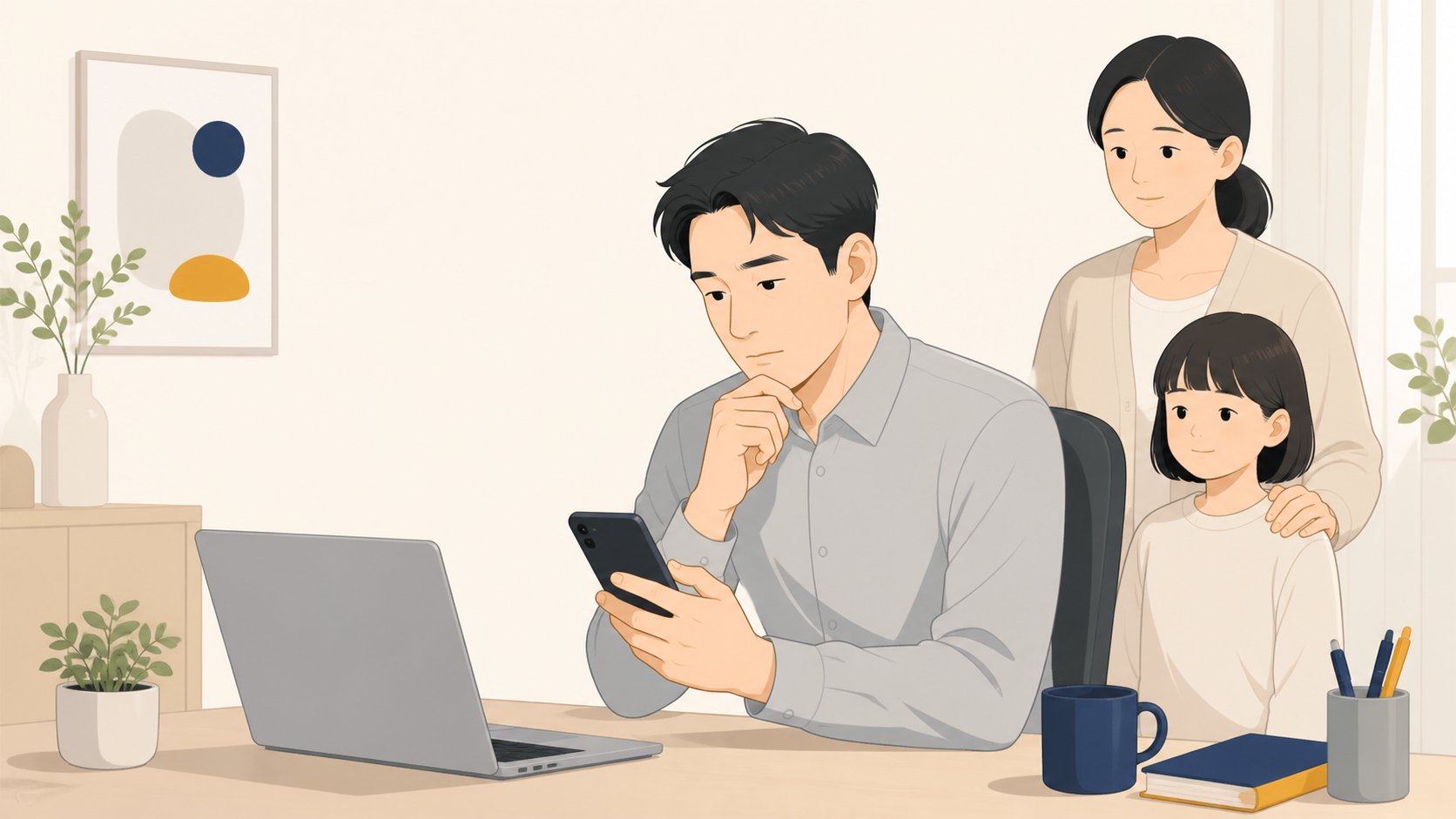 사무실 자리에서 조의 문구를 고르며 휴대전화 화면을 바라보는 직장인