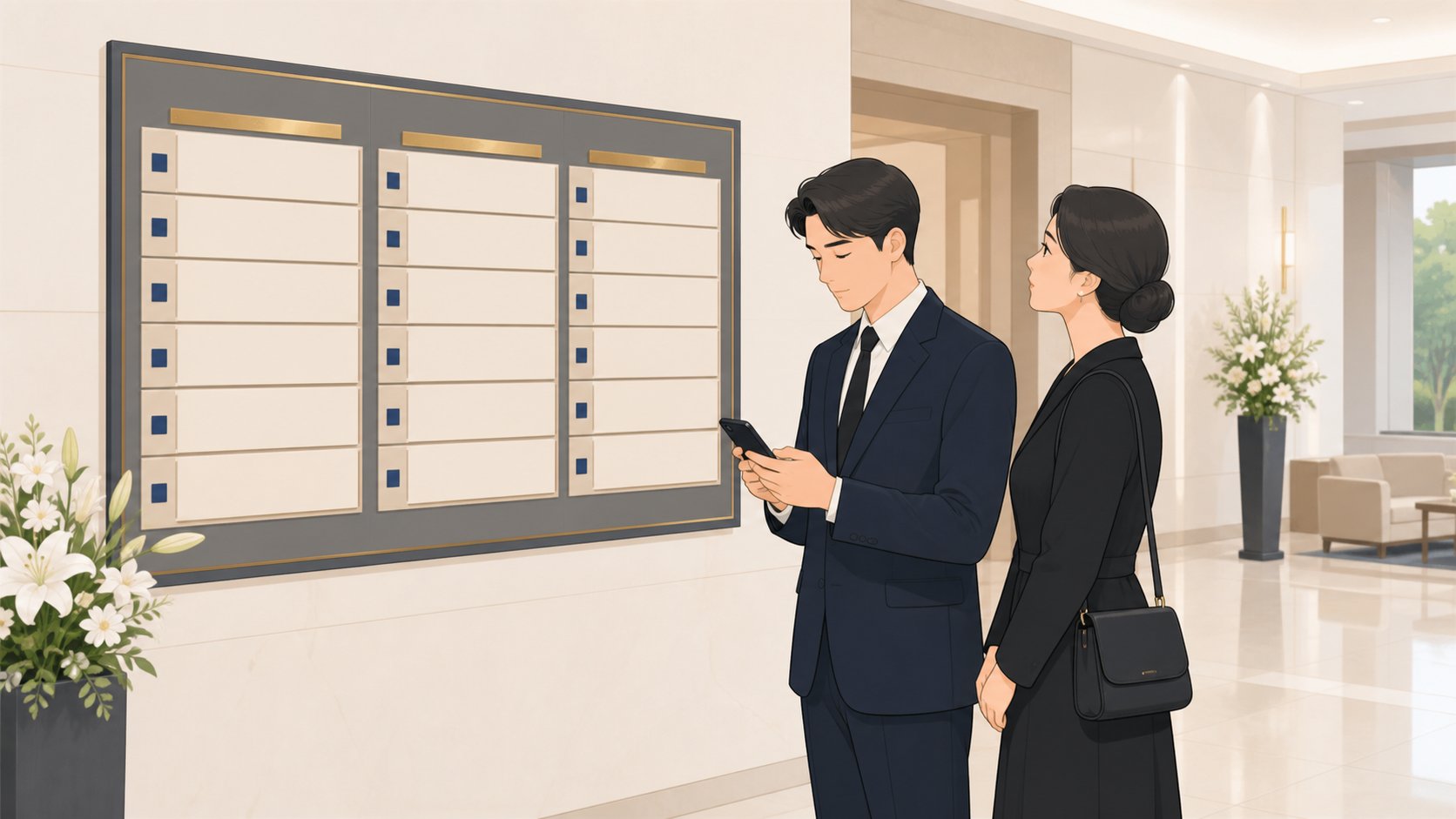 장례식장 안내판 앞에서 부고 문자를 확인하며 빈소 위치를 찾는 조문객 두 명