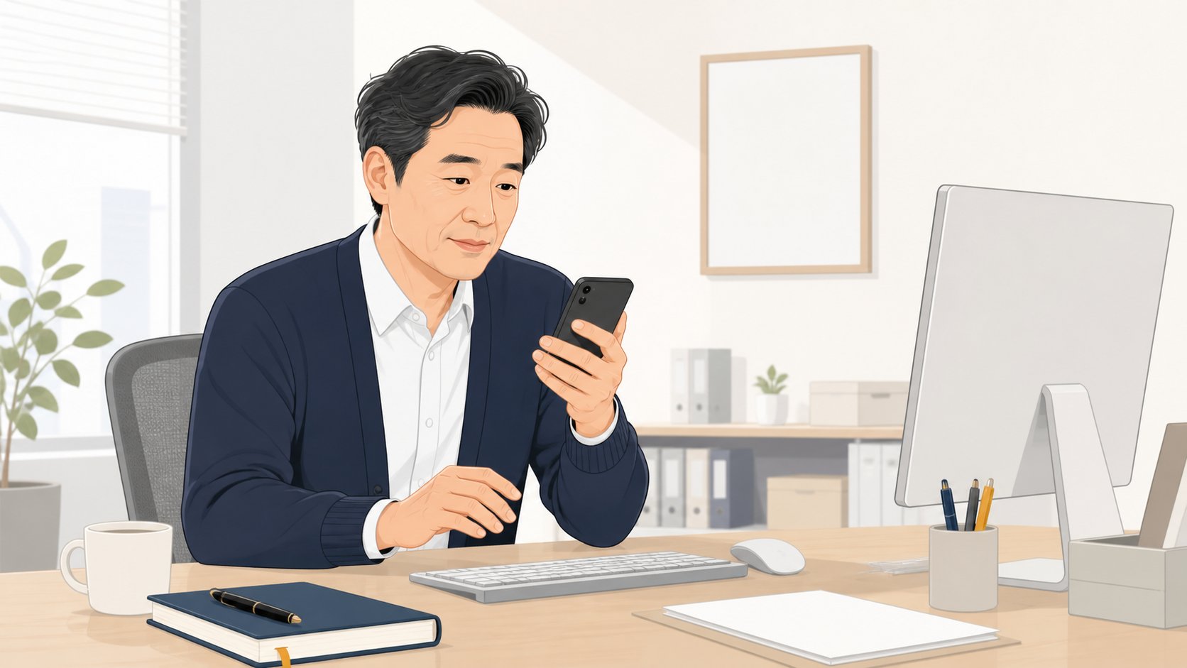 사무실 책상에서 부고 문자를 다시 읽어 보며 답장을 고민하는 중년 남성