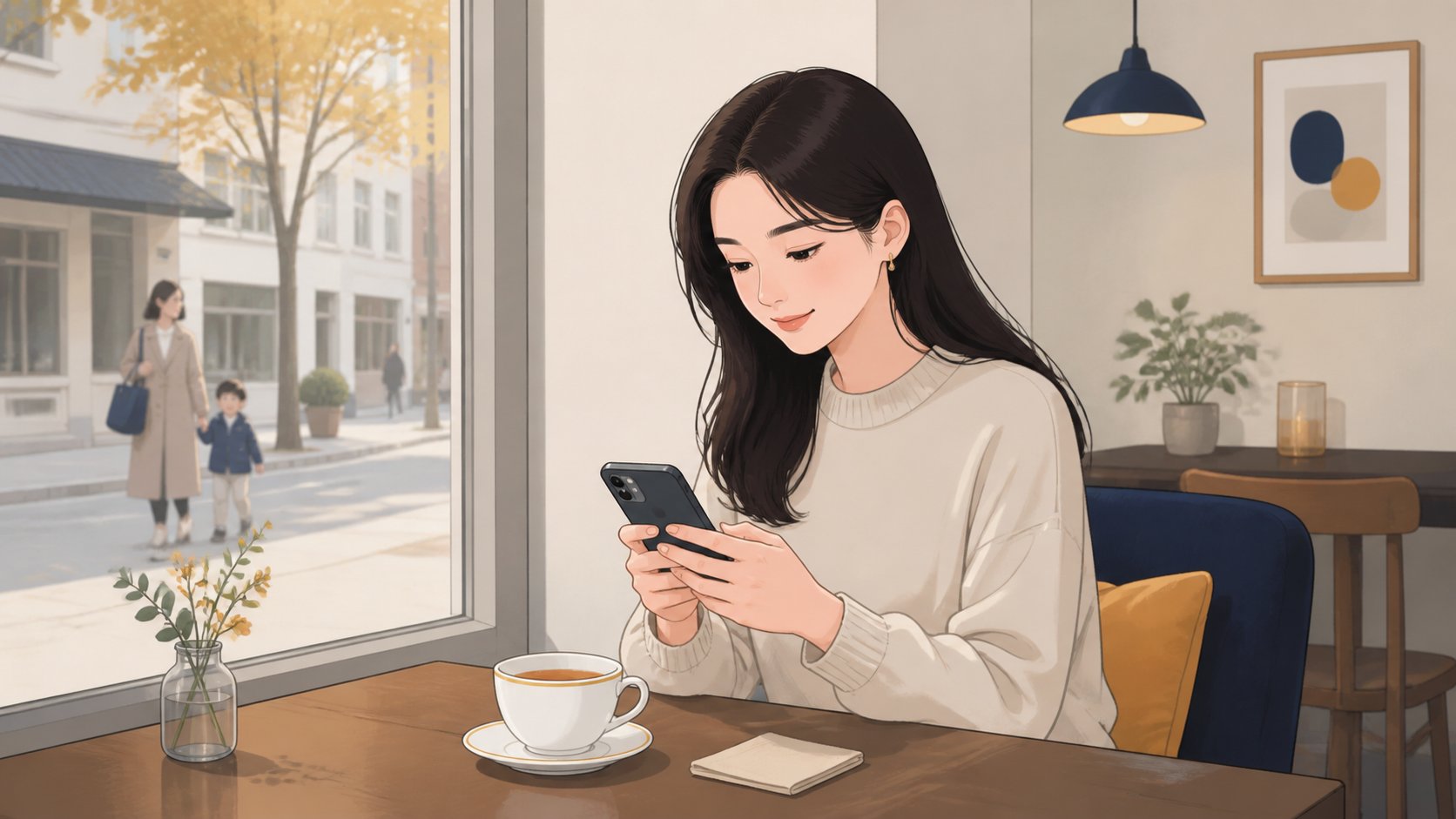 카페에서 따뜻한 차를 앞에 두고 휴대전화로 위로 문자를 보내는 여성
