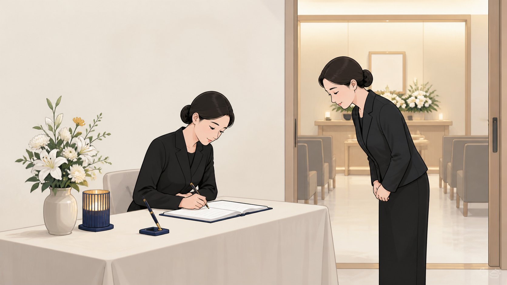 작은 빈소 입구에서 방명록에 이름을 적고 조용히 인사를 나누는 조문객과 상주