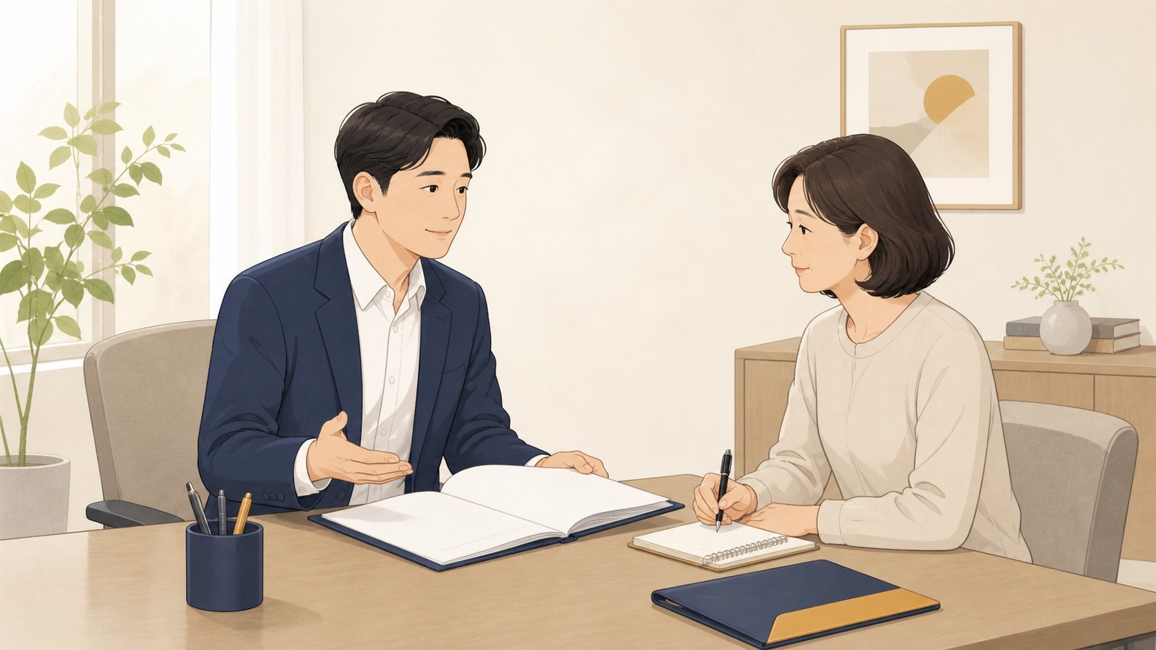 상담실 책상에서 서류를 펼쳐 가족 관계를 설명하는 상담자와 메모하며 듣는 40대 여성