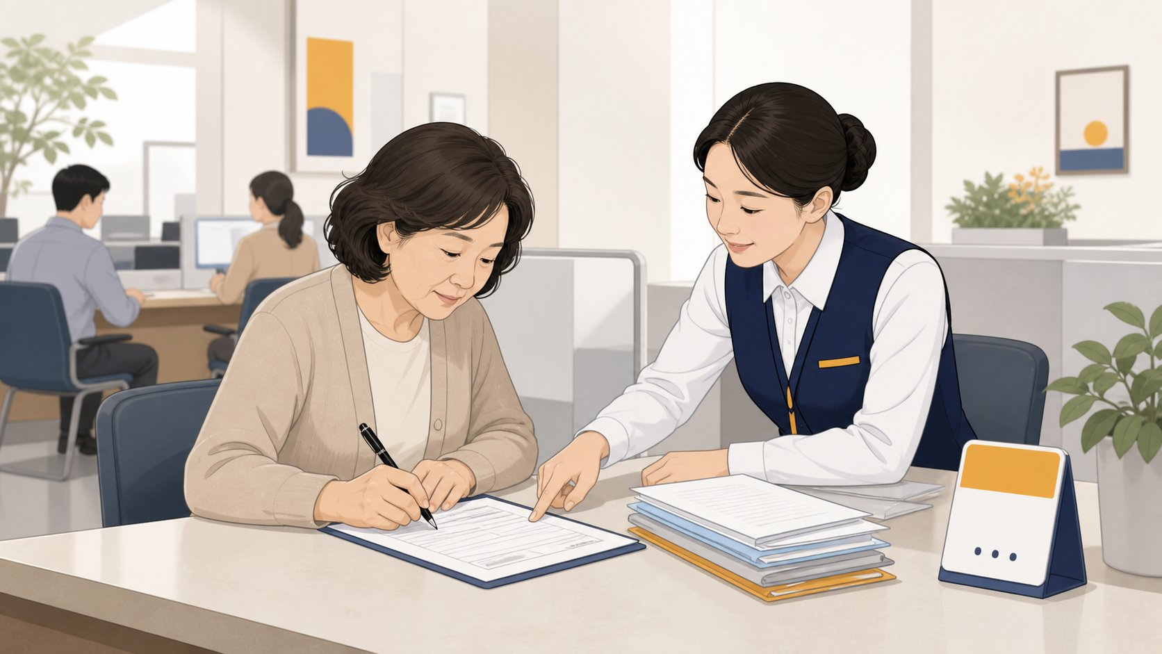 관공서 창구에서 신청서를 작성하며 직원의 안내를 받는 50대 여성