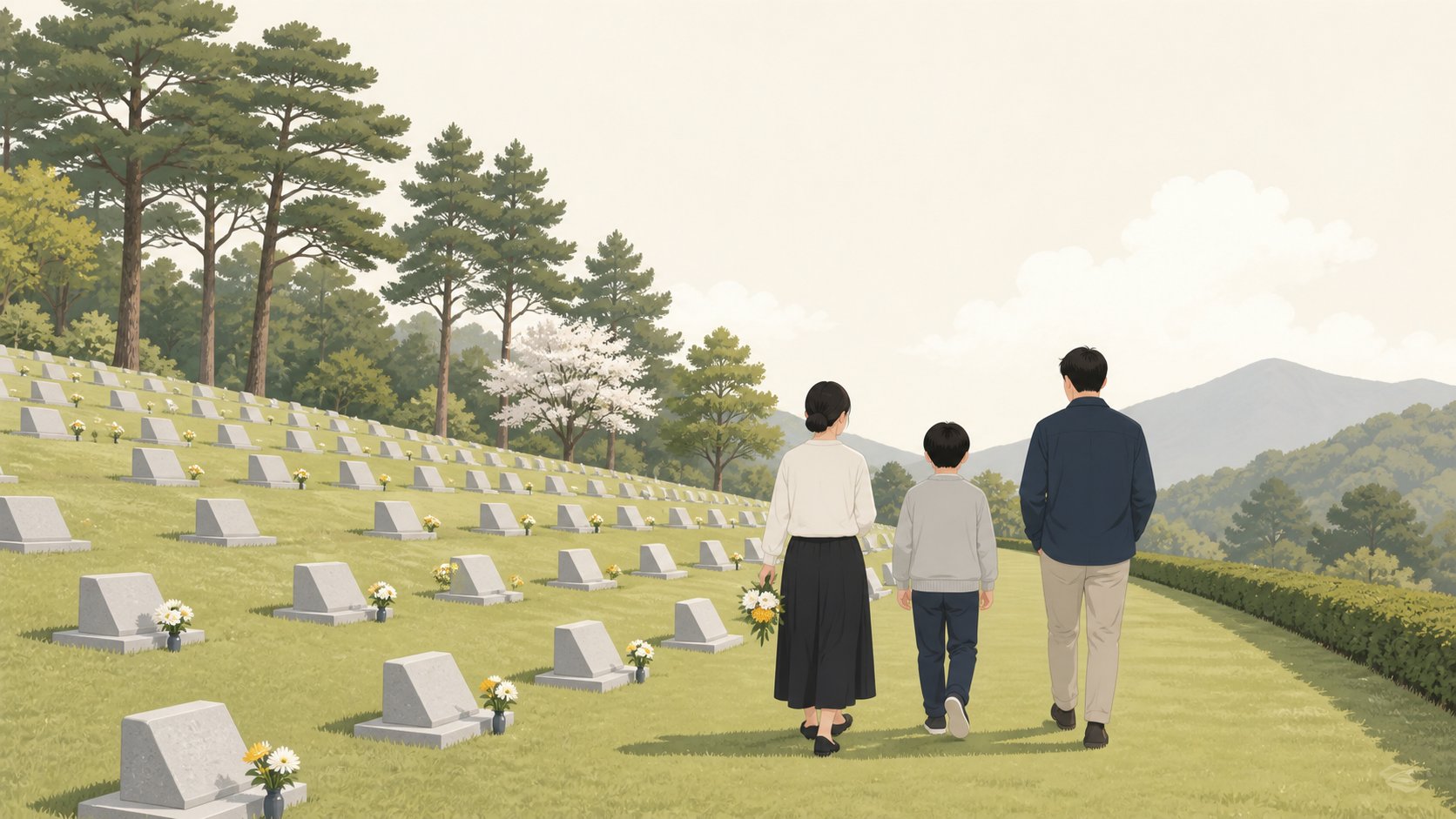 국립묘지 잔디 언덕길을 조용히 걸어가는 가족 세 명의 뒷모습과 줄지어 늘어선 낮은 묘석
