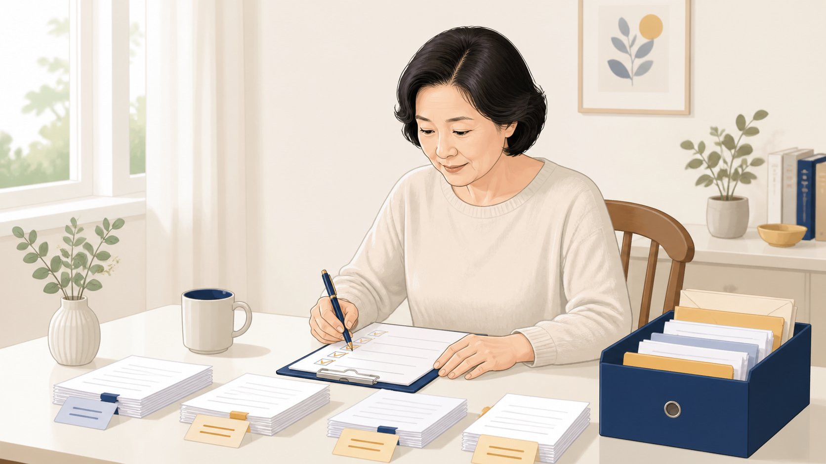 식탁에서 체크리스트에 항목을 표시하며 서류를 종류별로 분류하는 50대 여성