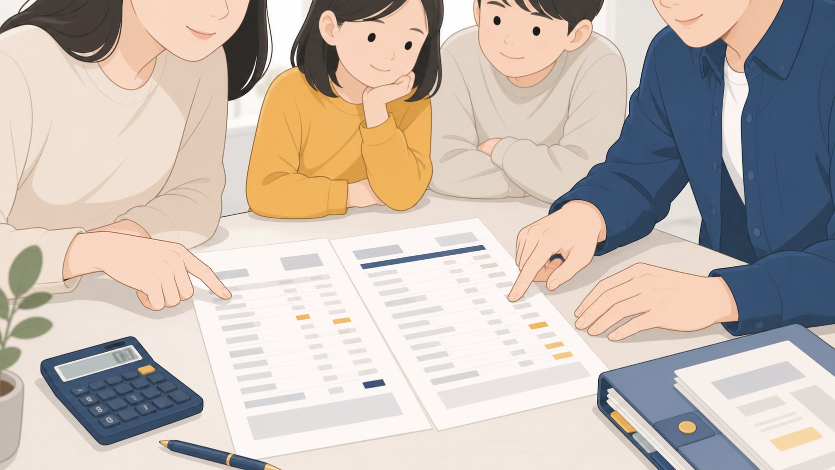 밝은 탁자에서 항목별 정산 서류를 나란히 놓고 손가락으로 짚어가며 비교하는 두 사람의 손