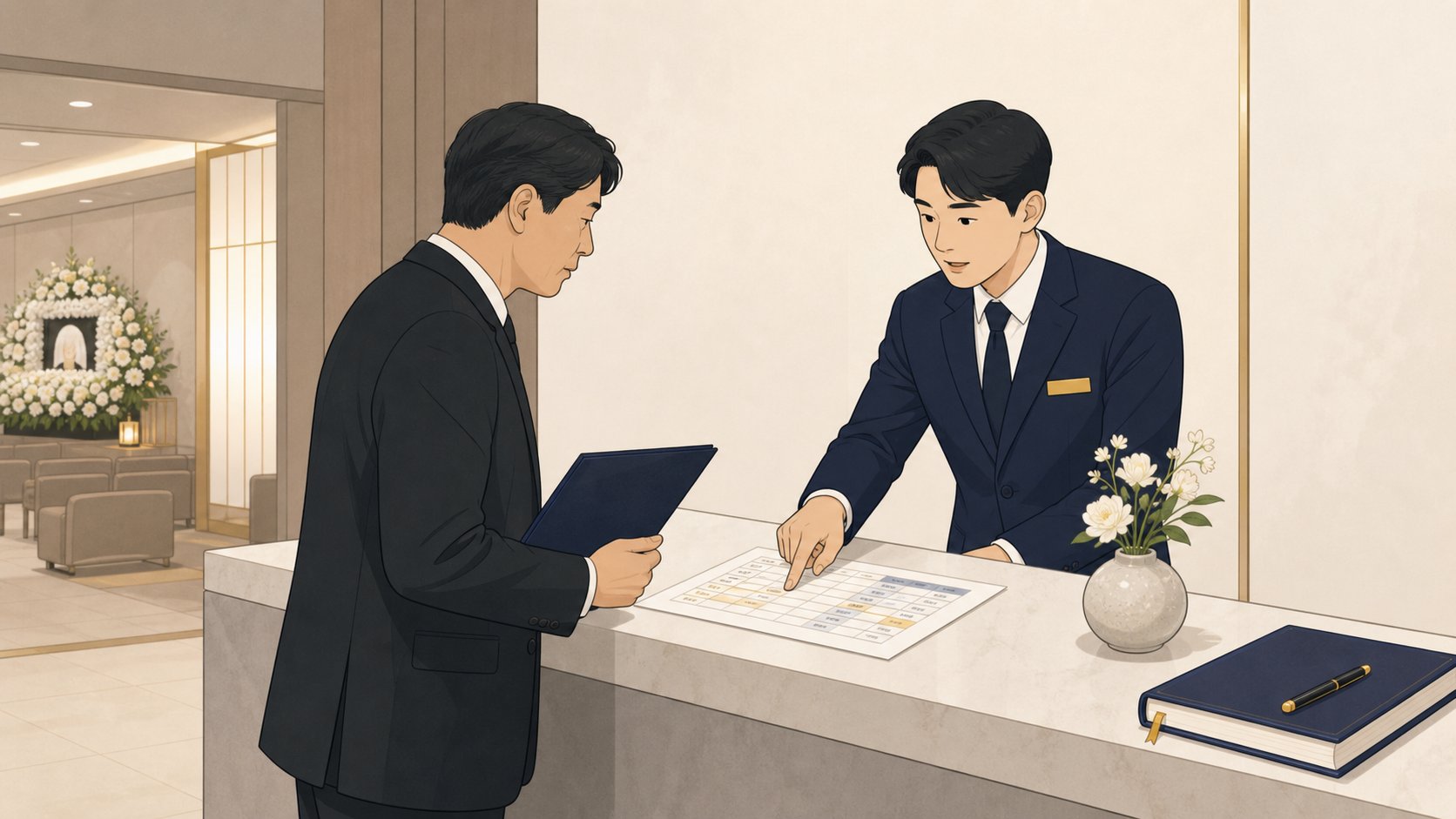 장례식장 안내데스크에서 서류철을 들고 담당 직원과 발인 일정을 상의하는 유족 남성
