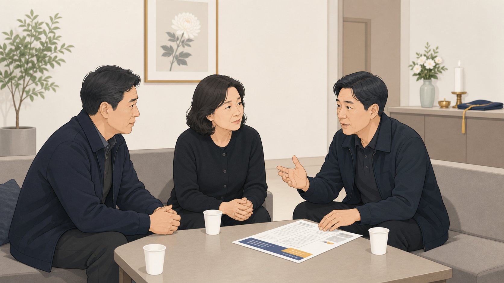 빈소 유족 대기실 탁자에 둘러앉아 봉안과 산골 중 무엇으로 할지 상의하는 형제 세 명