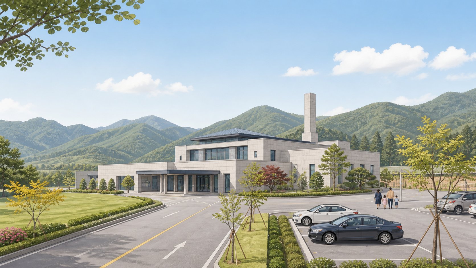 충청도 낮은 산자락에 자리한 단정한 공설 화장시설 외관과 넓은 주차장 풍경