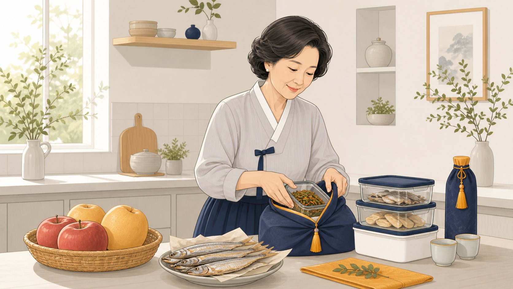 집 식탁에서 과일과 포, 나물, 술병을 보자기에 담아 삼우제 준비물을 챙기는 중년 여성
