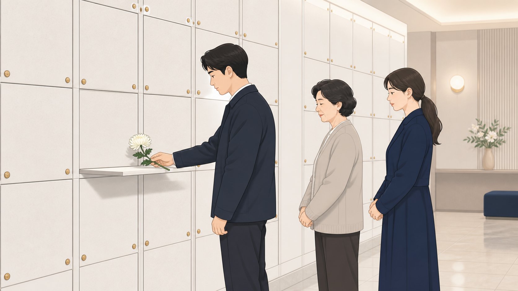봉안당 실내 참배 공간에서 흰 국화 한 송이를 올리고 조용히 서 있는 가족 세 명