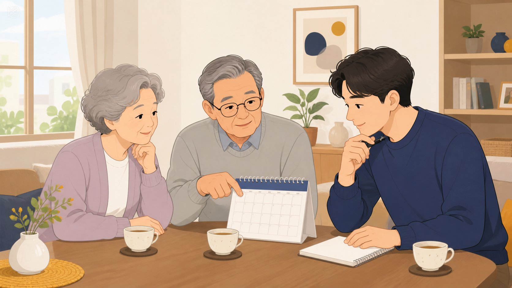 거실 탁자에 앉아 달력을 보며 삼우제 날짜와 이동 시간을 상의하는 노년 부부와 아들