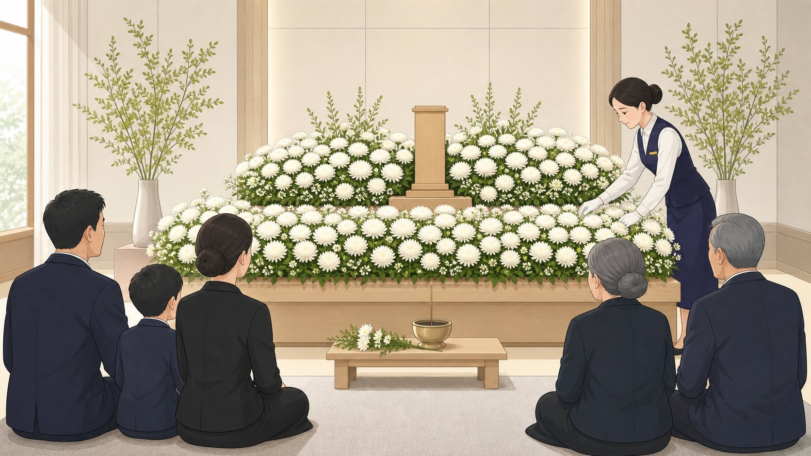 흰 국화로 채워진 빈소 제단 앞에 유족이 앉아 있고 장례 도우미가 꽃을 정돈하는 모습