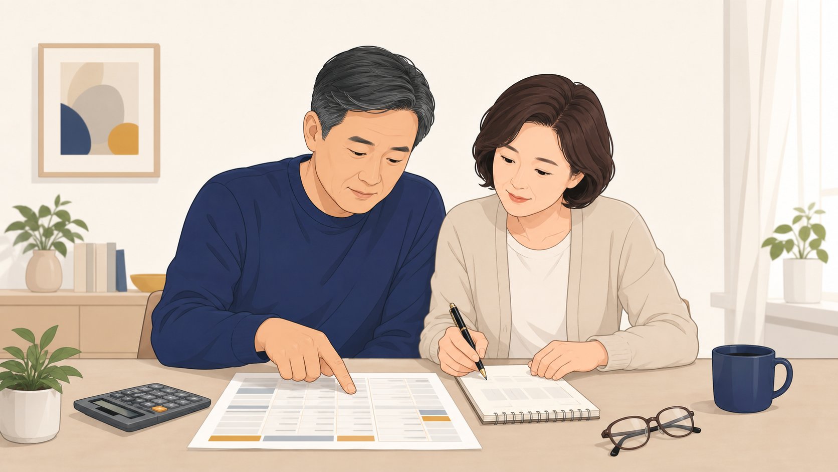 항목별로 나뉜 장례 견적서를 손가락으로 짚어 가며 확인하는 중년 부부
