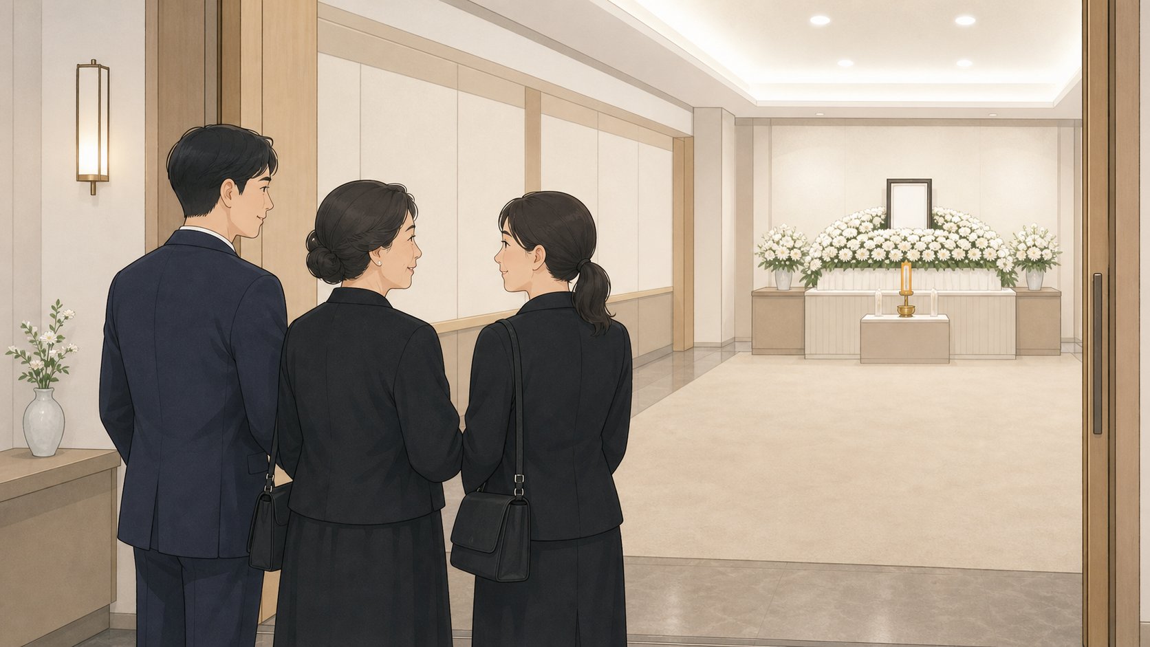 기본 등급으로 단정하게 꾸며진 빈소를 함께 둘러보며 이야기를 나누는 가족 세 명