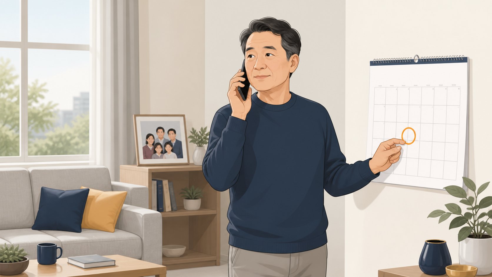 거실 벽에 걸린 달력의 표시된 날짜를 짚으며 전화로 문의하는 중년 남성