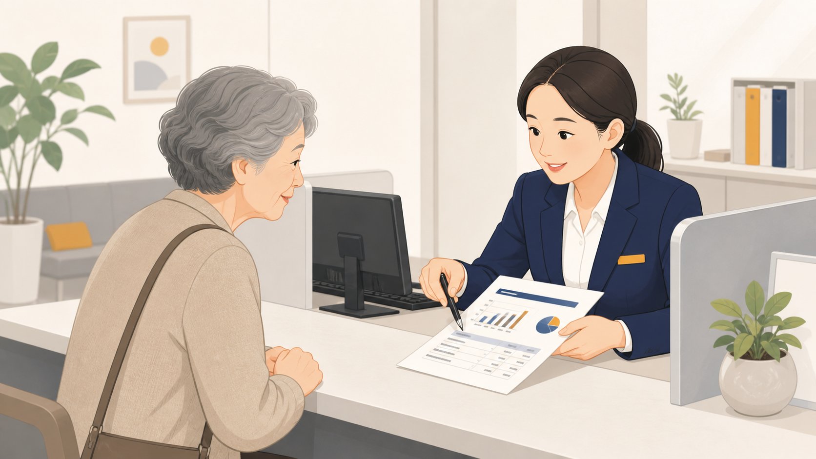 연금공단 상담 창구에서 직원이 가리키는 급여 산정 내역을 살펴보는 노년 여성