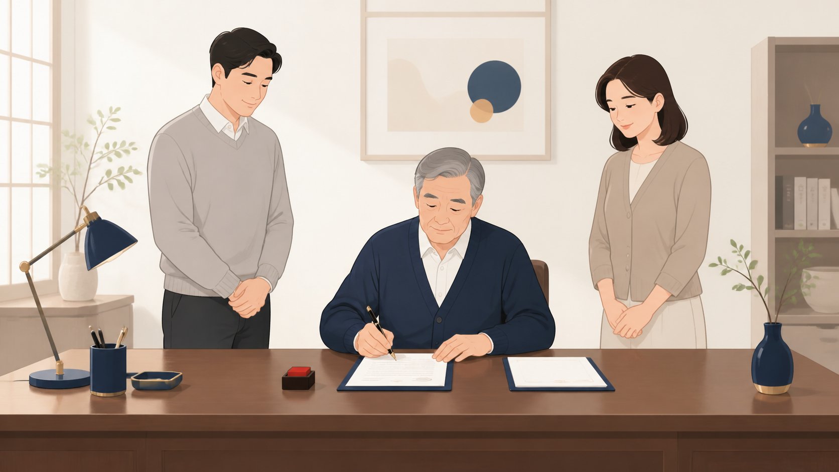 책상 위 서류 두 부와 도장을 앞에 두고 서명하는 노년 남성과 양옆에 선 증인 두 사람