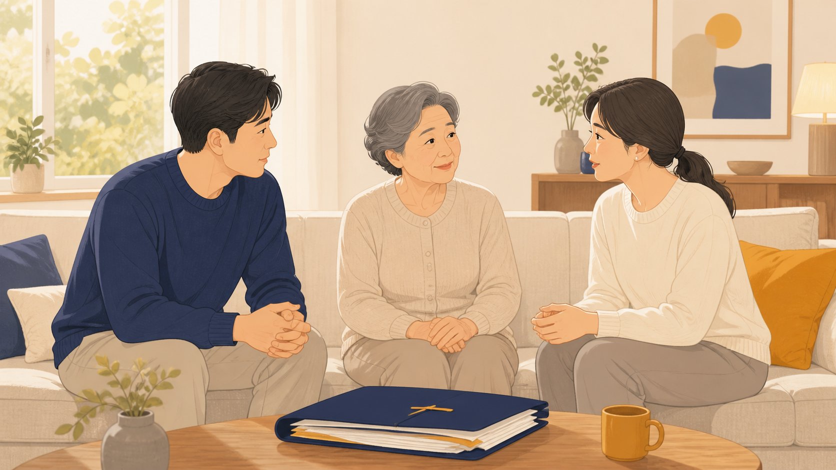 거실 소파에 마주 앉아 부모와 성인 자녀가 서류를 앞에 두고 조용히 대화하는 모습
