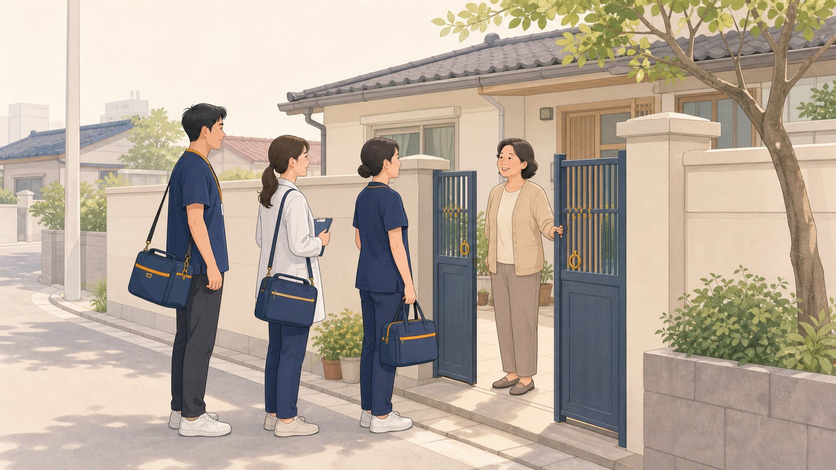 방문 가방을 든 의료진 세 명이 주택 대문 앞에서 문을 열어 준 가족과 인사하는 모습