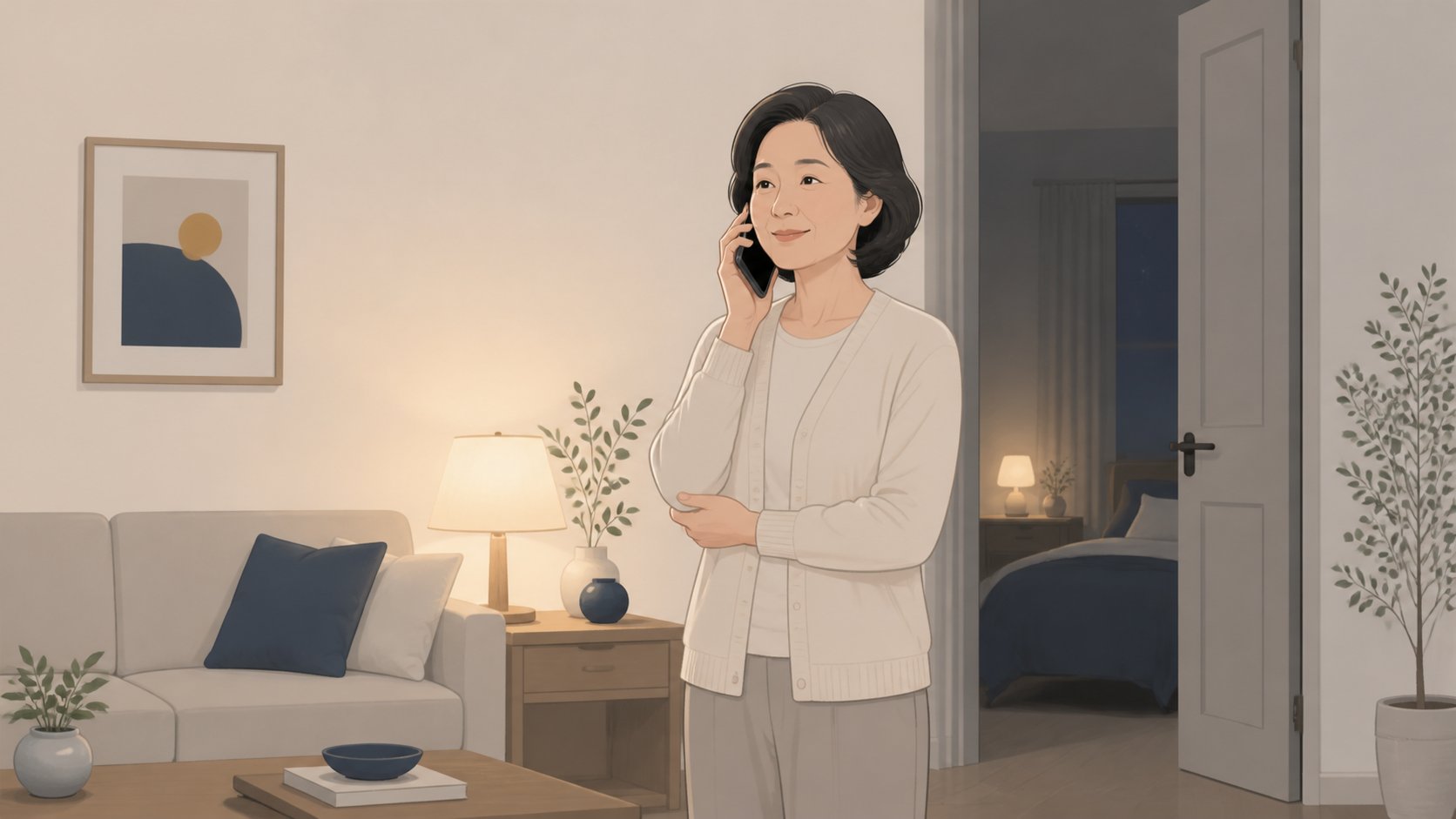 밤에 스탠드 불빛이 켜진 거실에서 전화로 상담하는 중년 여성과 안쪽의 조용한 방