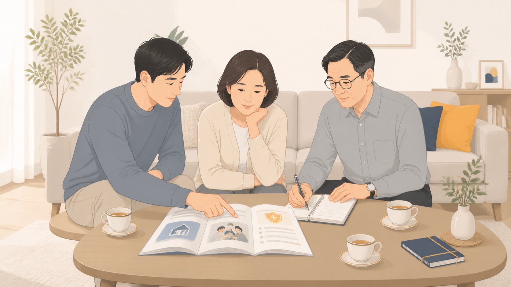거실 탁자에 둘러앉아 안내 책자를 함께 보며 메모하는 가족 세 명
