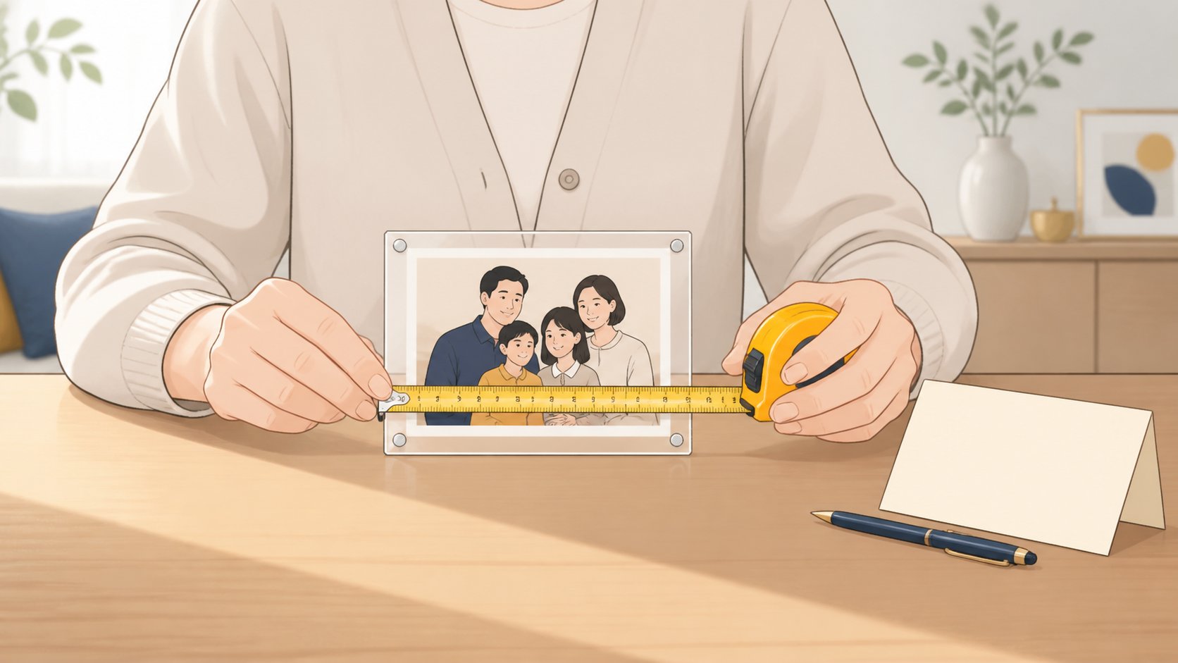 밝은 탁자 위에서 줄자로 작은 아크릴 액자의 가로 길이를 재고 있는 중년 여성의 손