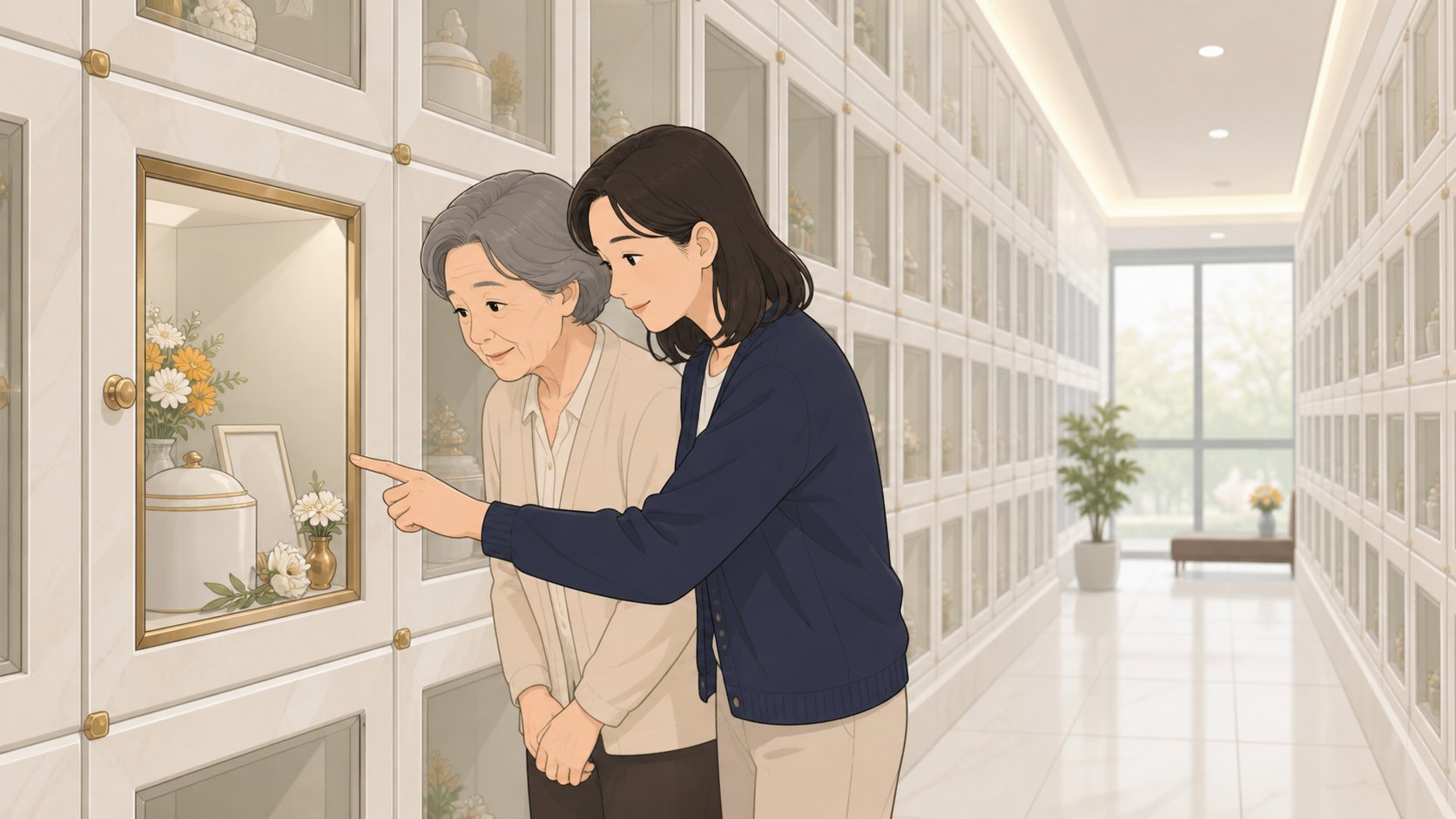 봉안당 복도에서 나란히 서서 하나의 안치단 유리문을 함께 살펴보는 노년 여성과 성인 딸