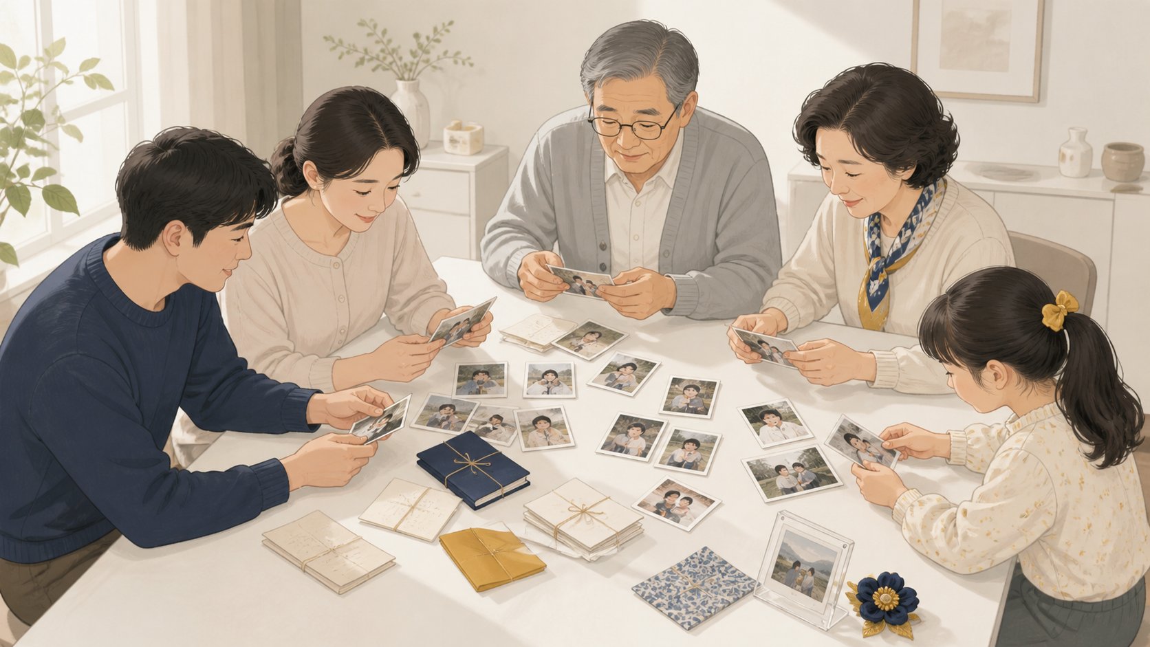 밝은 탁자에 둘러앉아 사진과 접힌 편지지를 정리하는 가족 세 사람의 손과 작은 액자