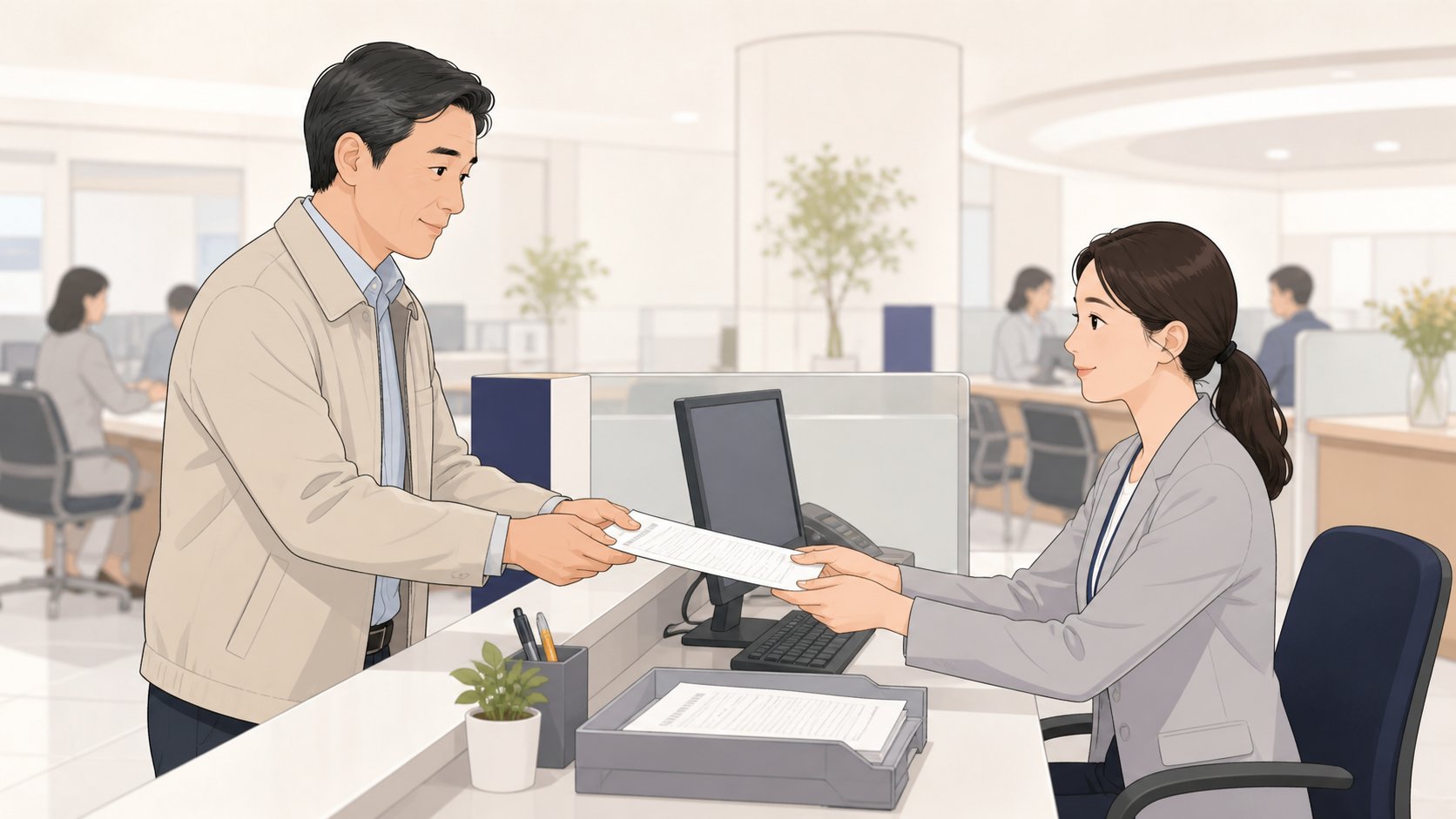 구청 세무 창구에서 담당 직원에게 신고서를 건네는 중년 남성