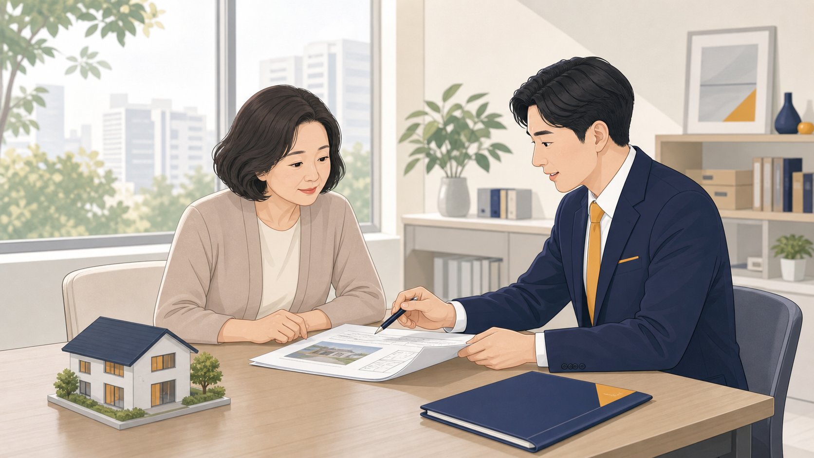 부동산 중개사무소 상담 테이블에서 중개사와 마주 앉아 부동산 서류를 살펴보는 중년 여성