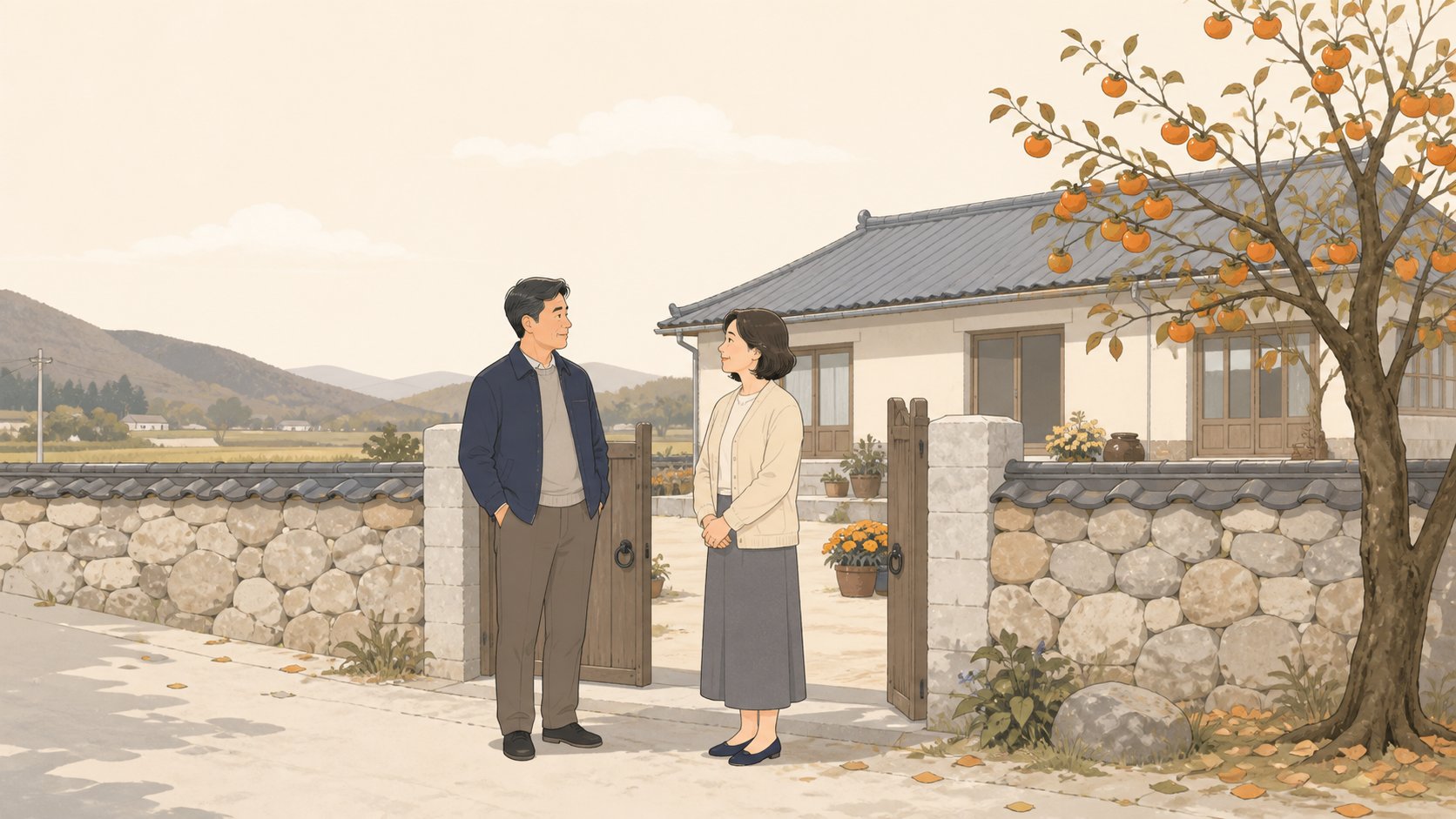 시골 단독주택 마당 문 앞에 서서 조용히 이야기를 나누는 성인 남매 두 사람