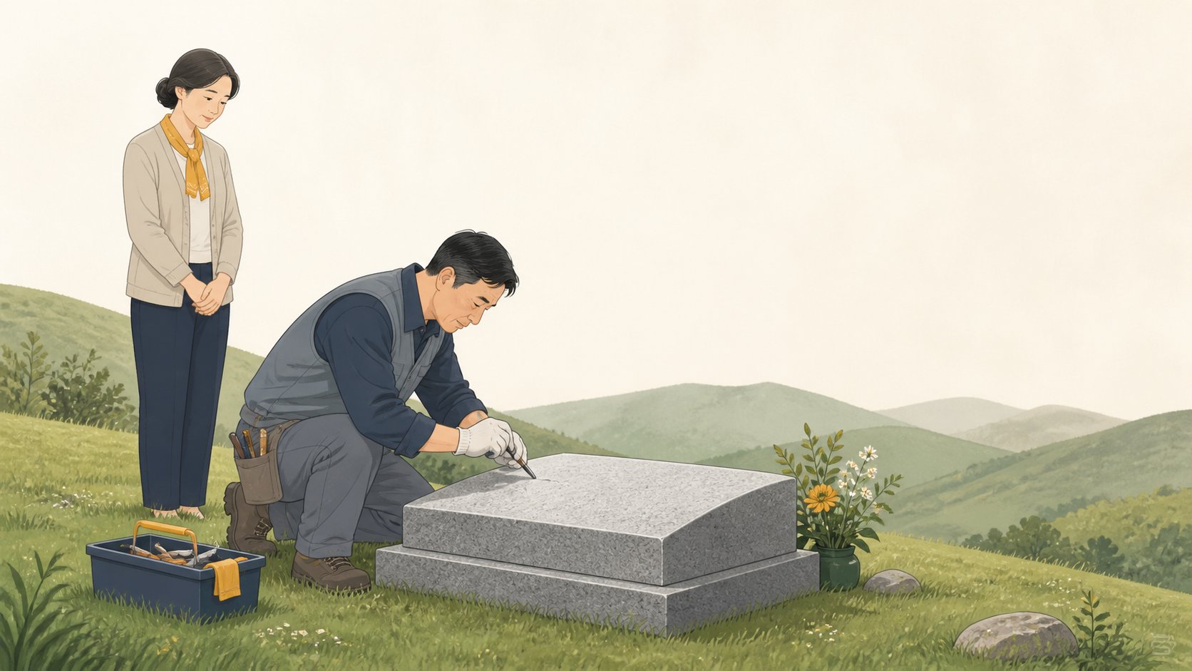 잔디밭 묘 옆에 앉아 비석 표면에 글자를 새기는 석재 작업자와 뒤에서 지켜보는 유족