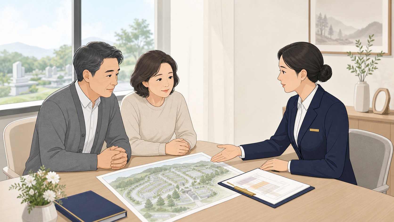 상담실 탁자에서 묘지 배치 도면과 견적서를 앞에 두고 담당자의 설명을 듣는 중년 부부