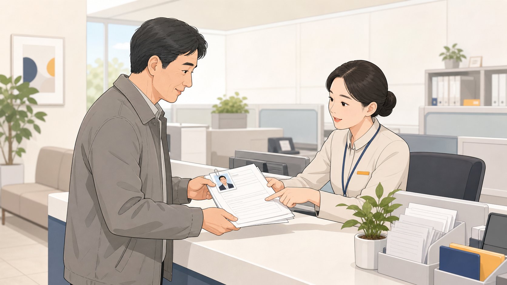 시군구청 민원 창구에서 사진이 첨부된 신고 서류를 직원에게 건네며 설명을 듣는 중년 남성
