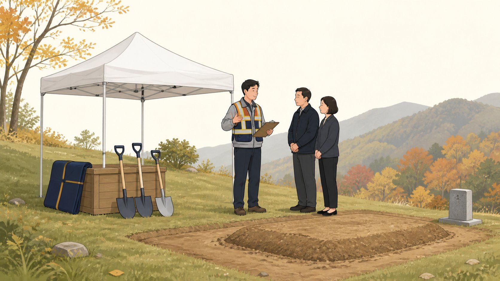 산자락 묘터 앞 흰 천막과 정돈된 도구 옆에서 작업 순서를 설명하는 작업 책임자와 유족 두 명