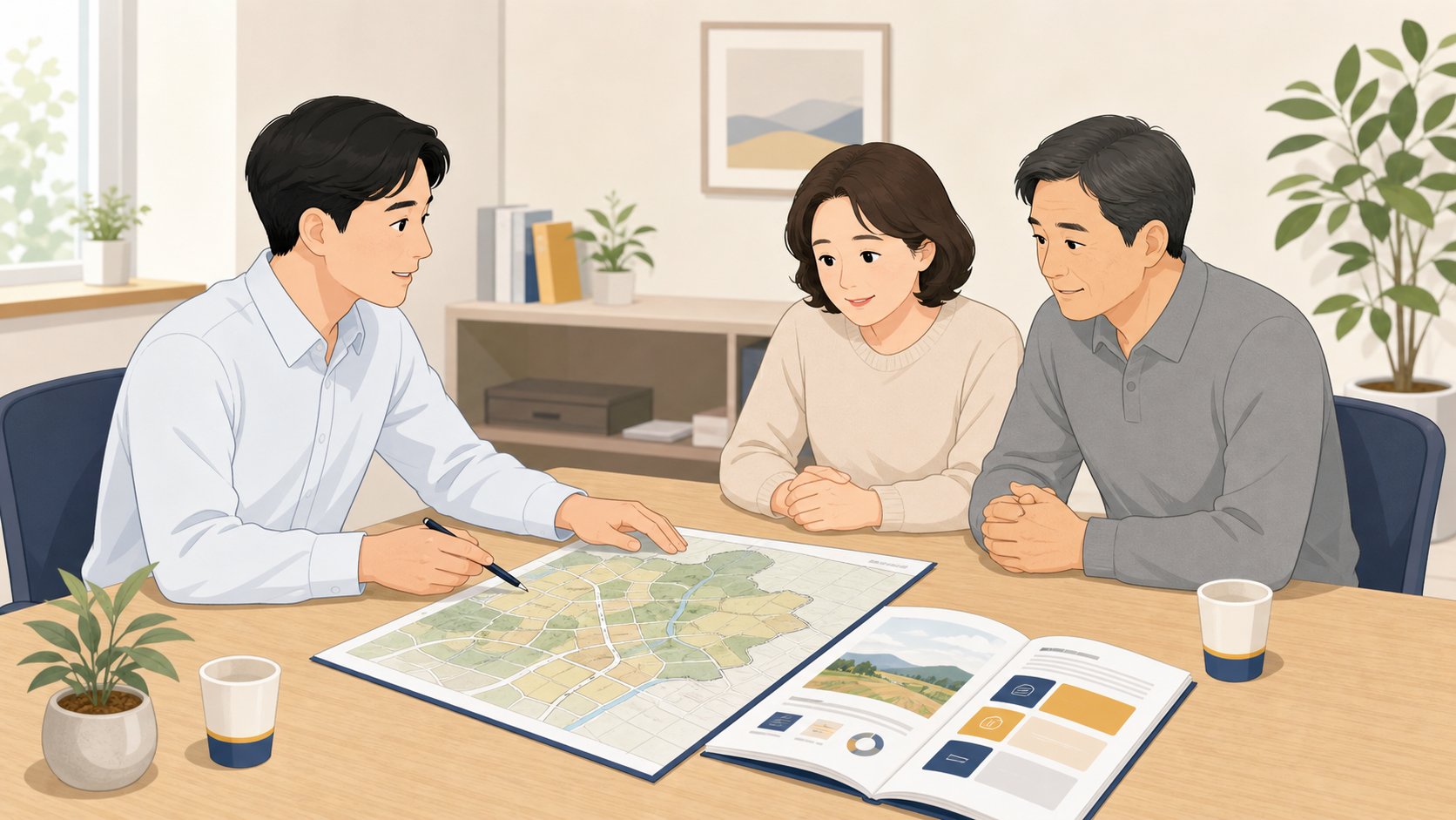 상담실 테이블에 지적도와 안내 책자를 펼쳐 놓고 담당자에게 설명을 듣는 중년 부부