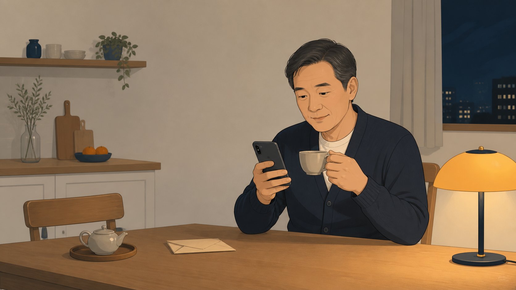 장례를 마친 뒤 저녁 식탁에서 조문 와 준 사람들에게 감사 문자를 보내는 중년 남성