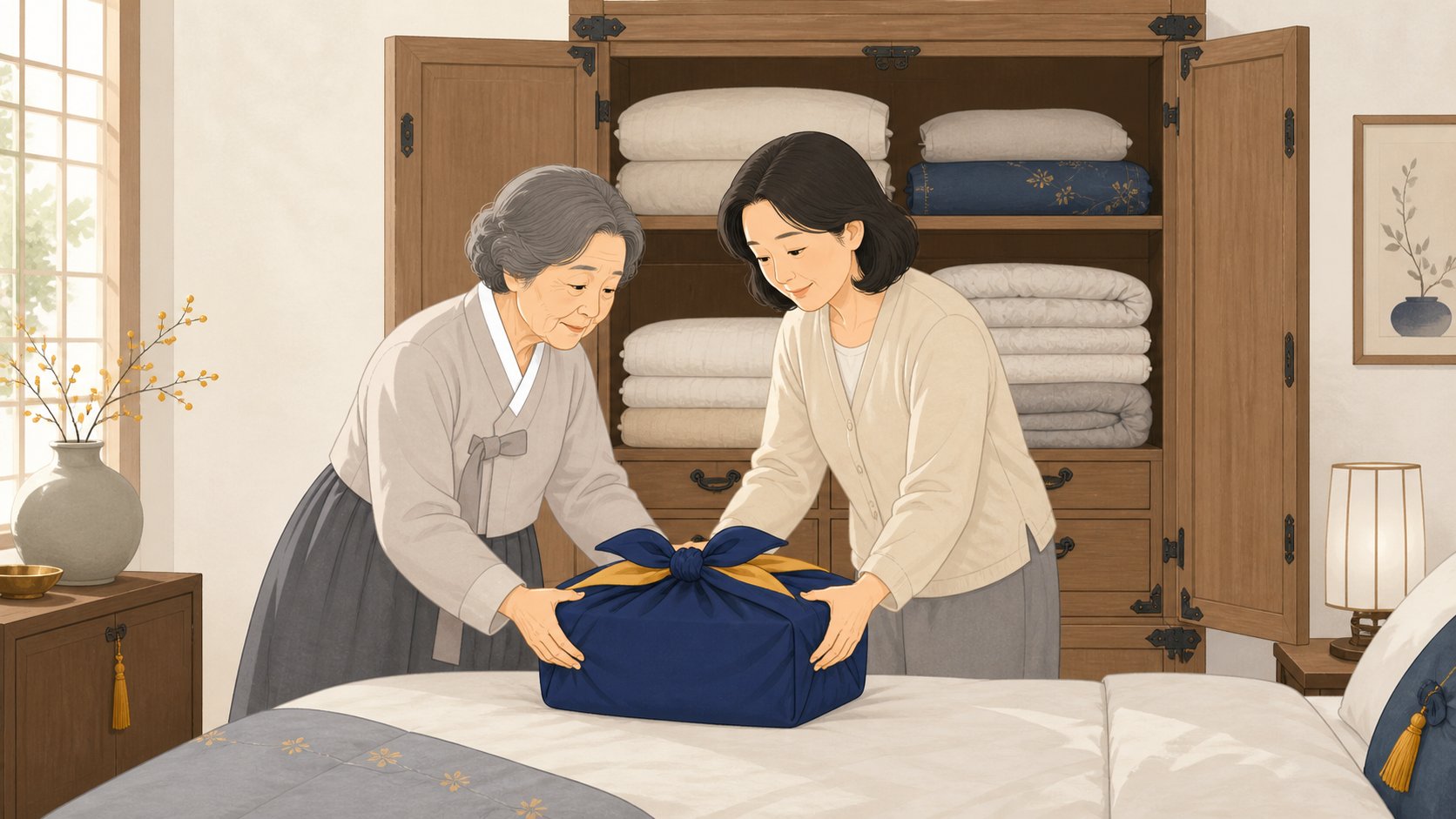 안방 장롱 앞에서 보자기에 싸인 옷을 조심스럽게 꺼내 확인하는 노년 여성과 중년 딸