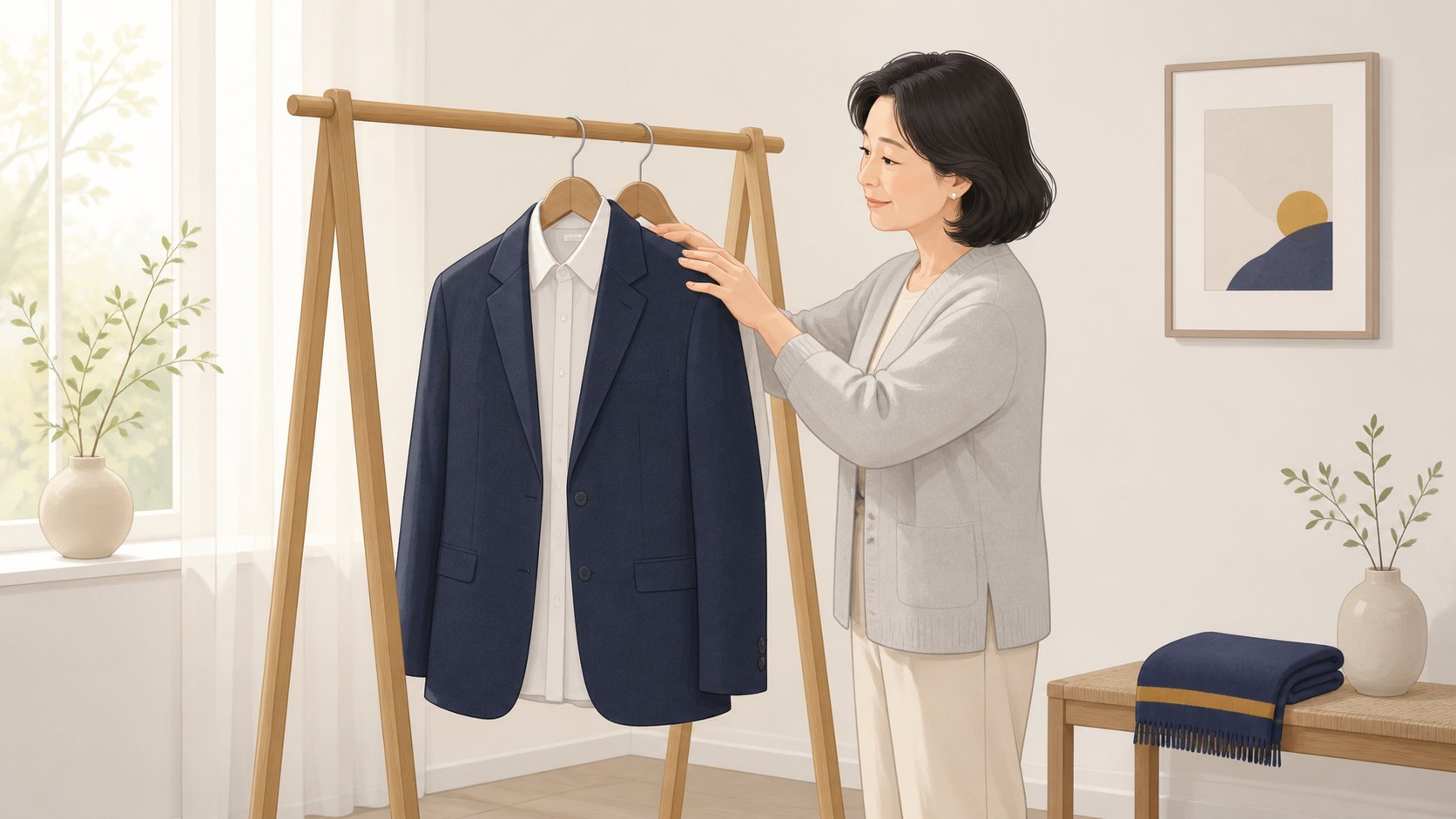 옷걸이에 걸린 단정한 평상복 재킷과 셔츠를 손으로 정돈하는 중년 여성