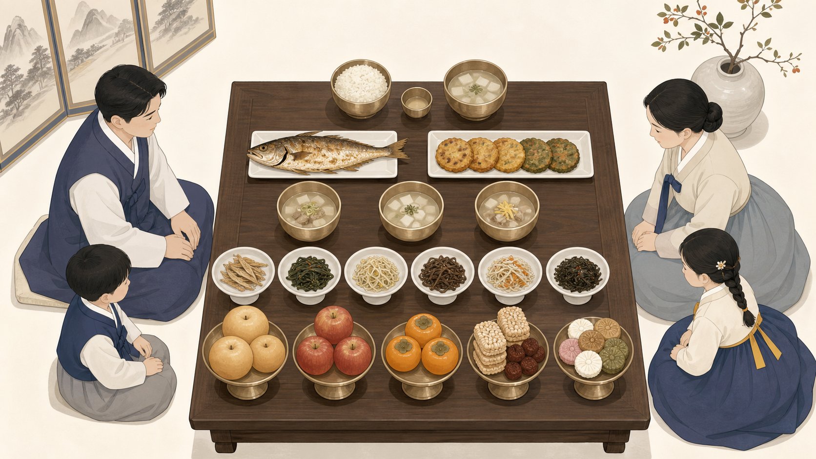 한복 차림 가족이 둘러앉은 가운데 다섯 줄로 차려진 제사상을 비스듬히 내려다본 모습으로 뒷줄에 밥과 국, 앞줄에 과일이 놓인 배치