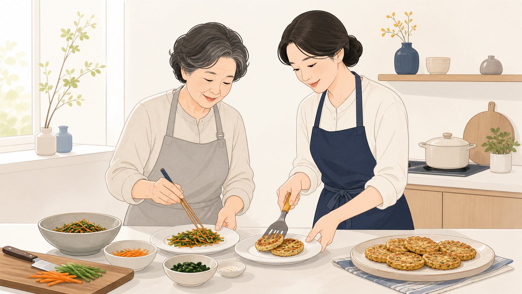 밝은 부엌 조리대에서 나물과 전을 접시에 나누어 담는 노년 여성과 며느리
