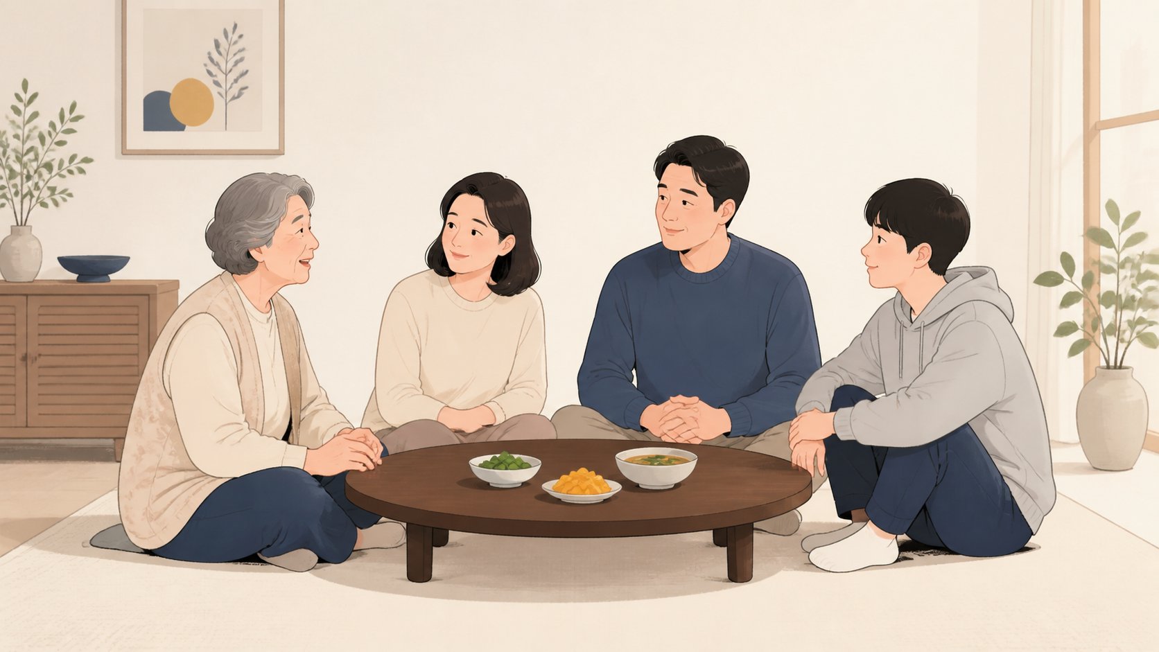 간소하게 차린 낮은 상 앞에 둘러앉아 이야기를 나누는 삼대 가족