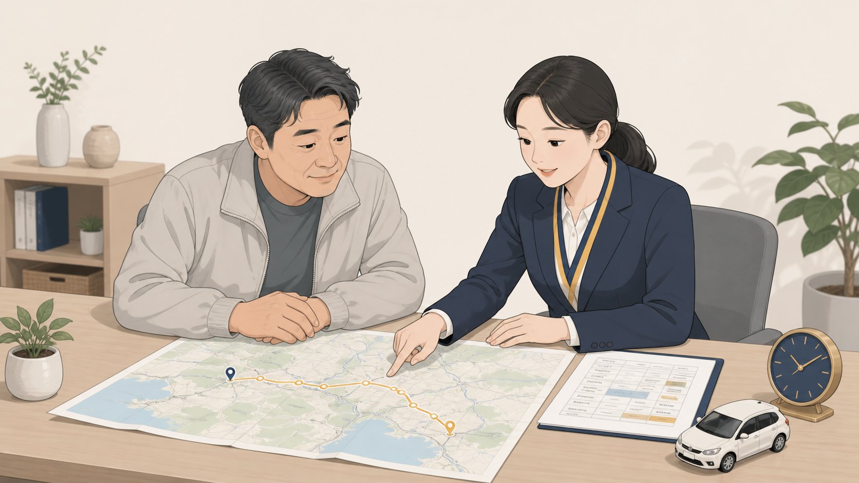 상담 책상에 펼친 지역 지도와 일정표를 보며 이동 경로를 손가락으로 짚어 설명하는 담당자와 중년 남성