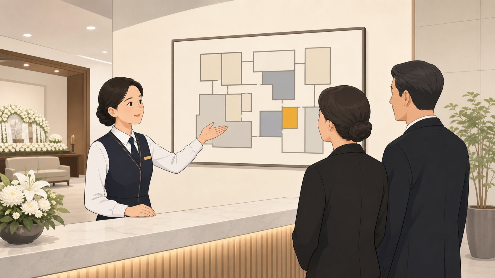 장례식장 안내데스크에서 벽에 걸린 빈소 배치도를 보며 직원의 설명을 듣는 유족 두 사람